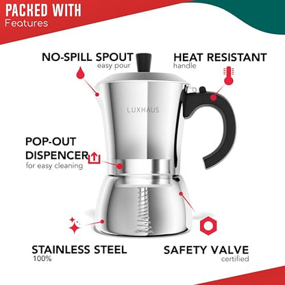 LuxHaus 9 Cup Moka Pot (2oz each cup - 18oz total) Stovetop Espresso Maker - Stainless Steel Italian and Cuban Mocha Coffee Maker - size: 9 Cup