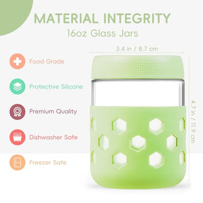 Gemice 6-Pack 16 oz Overnight Oats Containers with Lids and Silicone Sleeves, Glass Mason Jars with Airtight Lid, Dishwasher Safe, Wide Mouth Chia Seed Pudding Meal Prep Jar for Yogurt Berries Snack - color: Pink, size: 16oz, 6-Pack