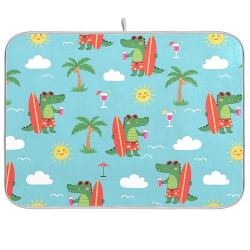 Crocodile Palm Trees Dish Drying Mat for Kitchen Counter Super Absorbent Draining Mat with Non-slip Backed Dishwashing Mat for Dish Cups Bowl Bottles Countertops Sinks Draining Racks