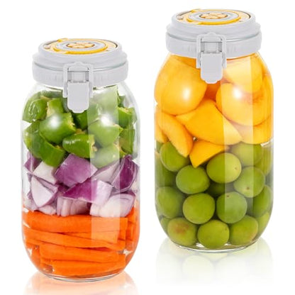2 Pack Fermentation Jar with Automatic Venting & Date Marker - 2L Airtight Glass Storage Jar for Pickles, Kimchi, Jams, Dry Goods, Leak-Proof Food Container (0.53 US Gal / 67.6 US fl oz)