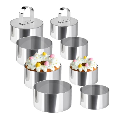 Uncle Jack 8 Pieces Round Cake Ring Molds, Cake Ring Mold Set, with Pusher, for Kitchen Tools, Baking Pastry (Include 4Pcs 3.14inch rings + 4Pcs 2.36inch Rings and 2 Pushers) - size: Round 4 PCS 3 1/8" + 4 PCS 2 3/8"