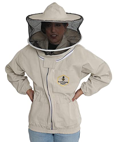 Beekeeping Jacket with Round Veil and Gloves, Natural Canvas Bee Jacket with Durable YKK Brass Zippers for Professional & Hobby Beekeepers (Medium) - size: Medium