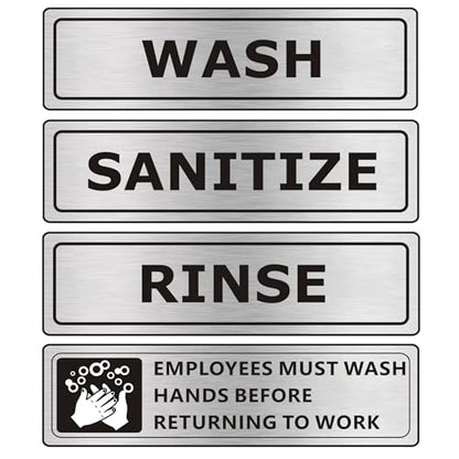 (4 PACK) Wash Rinse Sanitize Sink Labels Signs Stickers with Employees Must Wash Hands Sign, Self-adhesive Waterproof Aluminum Metal Sign for Restaurant Kitchen Sinks (7x2 inch, Brushed Nickel/Black) - color: Brushed Nickel/Black, size: 7" x 2"