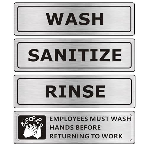 (4 PACK) Wash Rinse Sanitize Sink Labels Signs Stickers with Employees Must Wash Hands Sign, Self-adhesive Waterproof Aluminum Metal Sign for Restaurant Kitchen Sinks (9x3 inch, Brushed Aluminum) - color: Brushed Nickel/Black, size: 9" x 3"