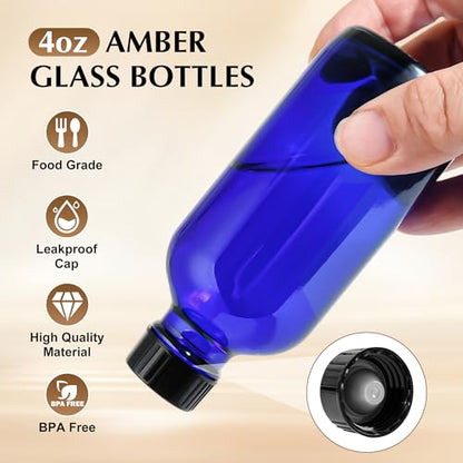 Small Glass Bottles with Lids Boston Round Shot Bottles for Health, Immunity, Ginger Juice, Essential Oils, Potion - Leak Proof Mini Travel Containers (Blue UV, 4oz-24Pack) - color: Blue UV, size: 4oz-24Pack