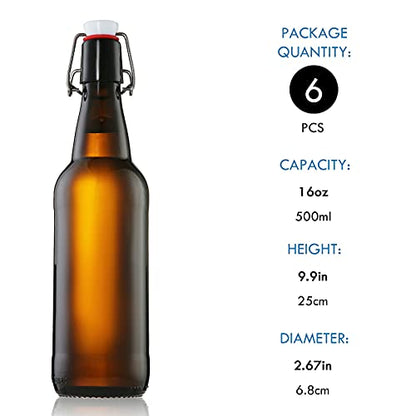 YEBODA 16 oz Amber Glass Beer Bottles for Home Brewing with Flip Caps, Case of 6