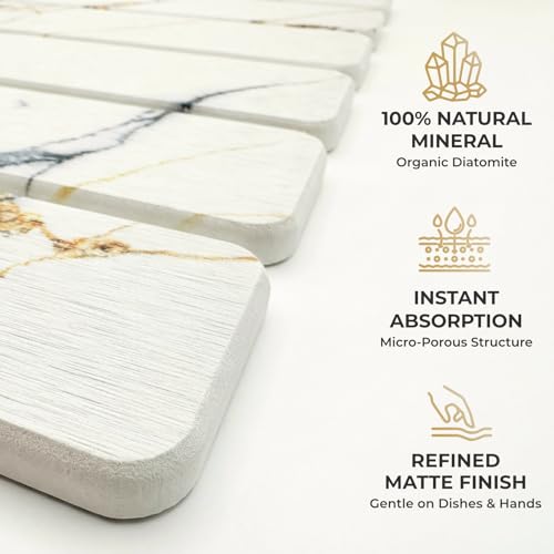 Stone Dish Drying Mat for Kitchen Countertop 24x16 Large Diatomaceous Earth Quick-Dry Absorbent Foldable Non-Slip Organizer for Dishes Glasses Utensils with Coaster Pads Gold Veined Marble