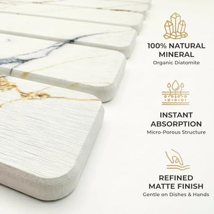 Stone Dish Drying Mat for Kitchen Countertop 24x16 Large Diatomaceous Earth Quick-Dry Absorbent Foldable Non-Slip Organizer for Dishes Glasses Utensils with Coaster Pads Gold Veined Marble