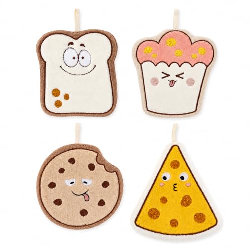 4-Pack Baking Series Hanging Hand Towels, Bread/Cookie/Cheese/Cupcake, Coral Fleece Material with Towel Embroidery, Absorbent Quick-Dry, Universal for Kitchen & Baking Room, with Hanging Loop
