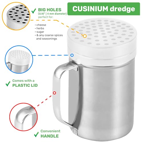 CUSINIUM 14oz Metal Parmesan Cheese Shaker with Large Holes - With Handle - Chili Flakes Dispensers - Pizza Shaker | Style: Coarse - size: 14 Oz