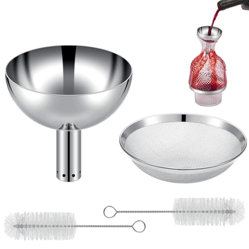 Potchen 4 Pcs Wine Aerator Shower Funnel with Mesh Sediment Strainer Stainless Steel Aerating Decanter Funnel with Filter Sieve and Brushes for Christmas Wine Lover Gift