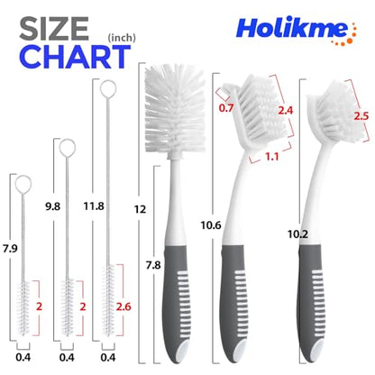 Holikme 6 Pack Dish Brush Set with Bottle Brush, Dish Scrub Brush, Pan Brush and 3 Straw Brushes, Deep Cleaning Handle Brush with Scraper Tip for Kitchen Sink Dishes Bottle Cup Pot and Pans (Gray) - color: Gray