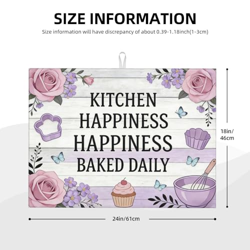 Kitchen Drying Mat for Countertop Kitchen Happiness Baking Quote Design Non-Slip Kitchen Counter Mat for Dishes Glassware - color: White Purple