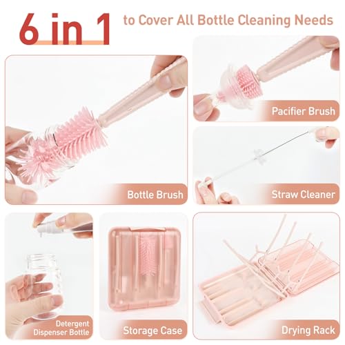 Baby Bottle Brush Set, 6-in-1 Travel Bottle Cleaner Kit with Silicone Bottle Brush, Nipple & Straw Brush, Soap Dispenser, Drying Rack, Storage Box – Compact Baby Travel Essential for Home & On-The-Go - color: Pink