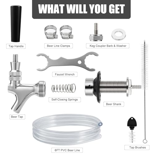 Draft Beer Line Shank Faucet Kit 3” Beer Faucet Shank Self-Closing Beer Tap Faucet Kegerator Parts Wrench 6ft 3/16” Beer Line Tubing Barb Connector Tap Brush Kegerator Conversion kit