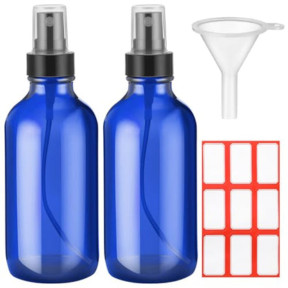 Fumete 2 Pack Glass Bottles 4oz Empty Refillable Liquid Containers with 1 Label 1 Funnel for Essential Oils Hair Travel Plants Cleaning Skin Care(Blue, Black Top,Mist Bottle) - color: Blue, Black Top, style: Mist Bottle