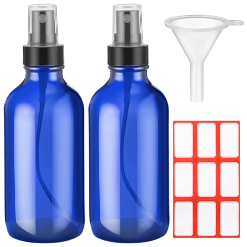 Fumete 2 Pack Glass Bottles 4oz Empty Refillable Liquid Containers with 1 Label 1 Funnel for Essential Oils Hair Travel Plants Cleaning Skin Care(Blue, Black Top,Mist Bottle) - color: Blue, Black Top, style: Mist Bottle