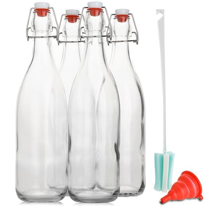 AYL Flip Top Glass Bottle [1 Liter / 33 fl. oz.] [Pack of 4] – Swing Brewing Bottle with Stopper for Beverages, Oil, Vinegar, Kombucha, Water, Soda, Kefir – Airtight Lid & Leak Proof Cap – Clear - size: 33