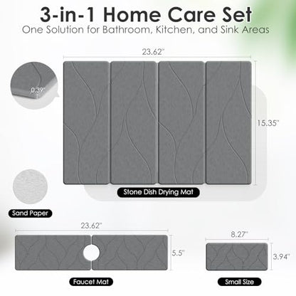 3 PCS Large Stone Dish Drying Mat for Kitchen Counter -24"x16" Absorbent Diatomaceous Earth Mat with Stone Faucet Mat & Soap Tray - Quick Dry, Collapsible, Non-Slip Countertop Organizer - color: Striped carving patterns