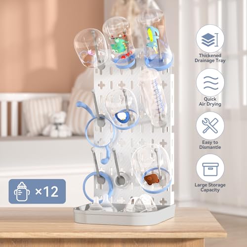 Baby Bottle Drying Rack Baby Bottle Holder Space Saving Bottle Dryer Rack Station Countertop Storage Organizer 12 Travel Bottle Drying Rack Vertical Breast Pump Part Plastic Bag Cup Dryer Tower Grey - color: Gray