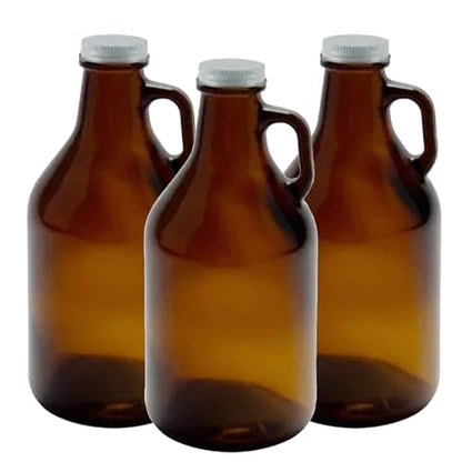 Planterium 32 oz Amber Glass Growler with Lid | 3 Pack | Perfect for Homebrewing, Kambucha, Cold Brew and Storage of Other Liquids