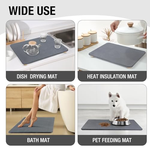 Large Stone Dish Drying Mat for Kitchen Counter, 24"×16" Quick Dry Super Absorbent Eco-Friendly Diatomaceous Earth Stone Mat with hemisphere wooden feet, Non-slip, Heat Resistant, Multi-purpose mats. - size: 24" x 16"