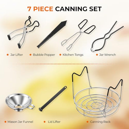 Pisol Canning Supplies Starter Kit, 7 Piece Canning Tools Set with Stainless Steel Rack, Wide Mouth Funnel, Kitchen Tongs, Jar Lifter, Magnetic Lid Lifter, jar Wrench, Bubble Popper - color: Black