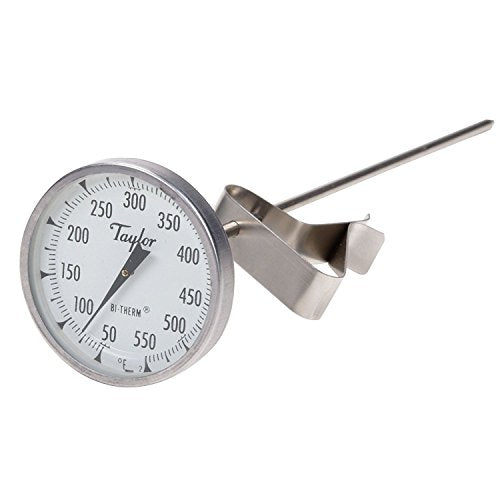 Taylor Precision 6084J8 Professional BiTherm Candy/Deep Fry Thermometer, 2" dial Display, 50° to 550°F Temperature Range, 8" Stainless Steel stem with Adjustable pan Clip, recalibration hex nut