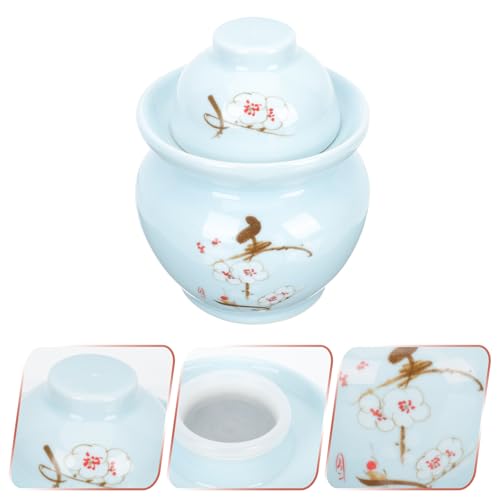 ABOOFAN Ceramic Chinese Pickle Jar with Double Lids 2.5l Blue Plum Pattern Sealed Fermenting Crock for Kimchi Sauerkraut Vegetable Storage Kitchen Use