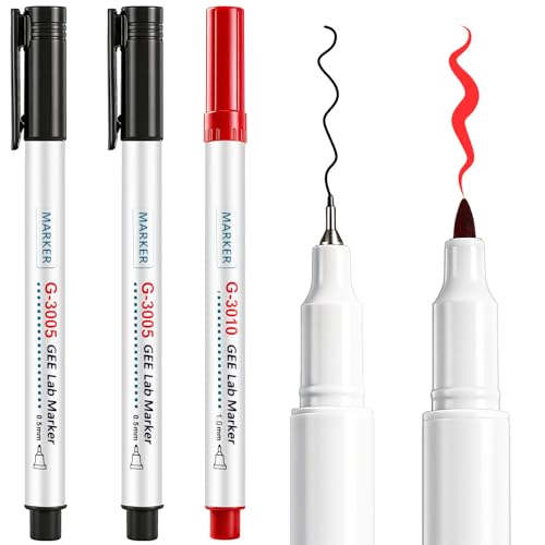 3 Pack Alcohol Resistant Laboratory Markers Permanent Freezer Pens with Black 0.5mm Fine Point and Red 1.0mm Makers Tip, Designed for Lab, Professional Labeling on Glass Plastic Wet Surfaces