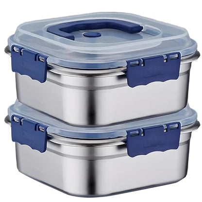 Stainless Steel Food Storage Containers, 2PCS Stainless Steel Containers with Lids, 1.8L Airtight Marinade Container with Handle & Buckle Oven Safe for Roasting, Brining, Meal Prep, Storing