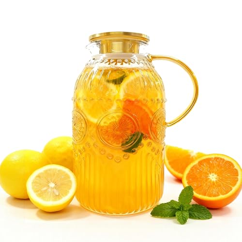 Amzcku Glass Pitcher with Lid, 101 oz/ 3 Liter Vintage Water Pitcher,Water Carafe for Cold Brew, Coffee, Lemonade, Iced Tea,Beverage, Heat Resistant Water Glass Jug 1Pack - size: 101 Ounces