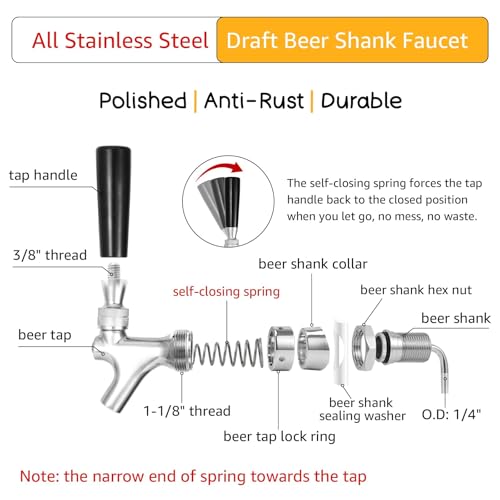 All Stainless Steel Draft Beer Shank Faucet Beer Tower Faucet Kit, 1/4” Beer Barb Fitting Self-closing Beer Tap Kegerator Tower Replacement Kit for 3/16” Beer Line Tubing with Hose Clamp Wrench - size: Faucet Kit (All Stainless Steel)