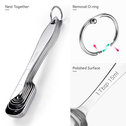 U-Taste Narrow Square Measuring Spoons: 18/8 Stainless Steel Kitchen Measure Teaspoon Tablespoon with Leveler, Polygon Rectangular Metal Jar Scoop for Baking Cooking, Coffee, Spice, Powder (Set of 8) - size: 7 Spoons+1 Leveler