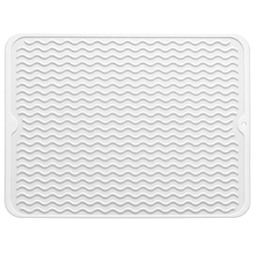 MicoYang Silicone Dish Drying Mat — Quick-Dry Ridges Counter & Sink Pad, Heat-Resistant Trivet to 450°F, Non-Slip & Dishwasher Safe, Roll-Up Storage, 18 Colors & 9 Sizes (White, 16"×12") - color: White, size: 16"L x 12"W