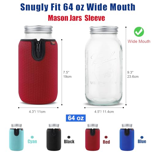 64 oz Wide Mouth Mason Jar Neoprene Sleeve, 64oz Non-slip Cozy Insulated Glass Jars Protector Holder Sleeves 4.3 x 7.5 Inches - 4 Pack (Black/Red/Blue/Cyan) - color: 64 oz Sleeves (4.3 x 7.5 In) - Black/Red/Blue/Cyan