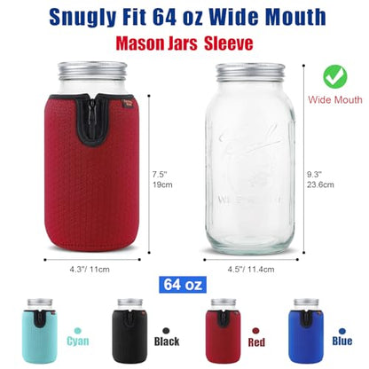 64 oz Wide Mouth Mason Jar Neoprene Sleeve, 64oz Non-slip Cozy Insulated Glass Jars Protector Holder Sleeves 4.3 x 7.5 Inches - 4 Pack (Black/Red/Blue/Cyan) - color: 64 oz Sleeves (4.3 x 7.5 In) - Black/Red/Blue/Cyan