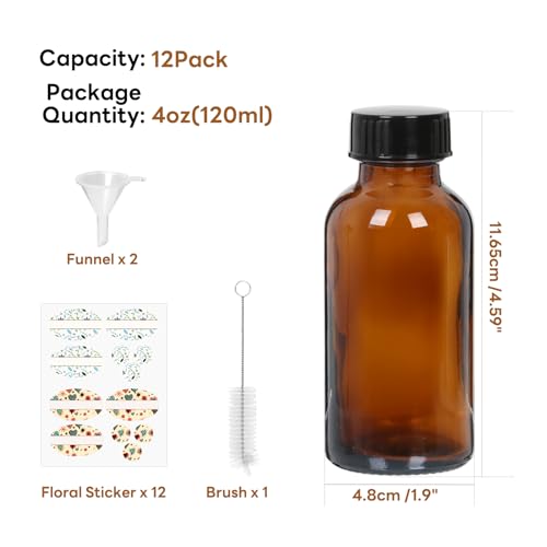 STARSIDE 12-Pack 4oz Amber Glass Bottles with Leakproof Lids | 120 ml Round Boston Bottles for Essential Oils, Hot Sauce, Juice, Liquids, Includes 1 Brush, 1 Funnel, 12 Labels - size: S