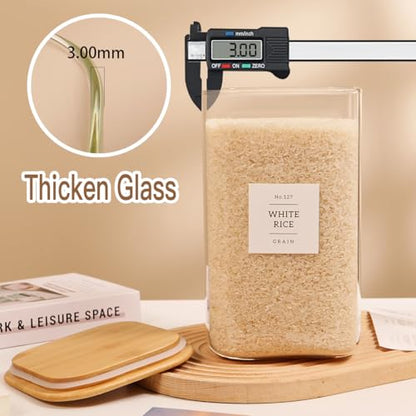 2 Pack large Square Glass Flour and Sugar Containers with 132 Kitchen Pantry Labels - 149 floz & 71 floz - Glass Jars with Airtight Bamboo Lid - Glass Rice Canisters for Coffee, Pasta, Cookie, Cereal - size: 149oz/71oz