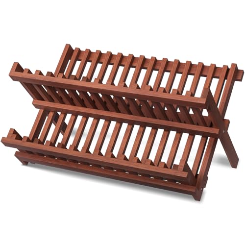 VERTORGAN Teak Dish Drying Rack,Folding Collapsible Drainer Plate Organizer Holder for Kitchen,Foldable Spice Rack for Countertop and Cabinet,Pantry Organization and Storage