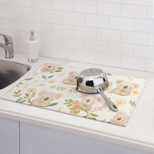 Cute Cartoon Koala on Blossom Branch Dish Drying Mat for Kitchen Counter Microfiber Absorbent Reusable Washable 18x24in - color: Cute Cartoon Koala On Blossom Branch