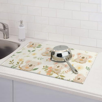 Cute Cartoon Koala on Blossom Branch Dish Drying Mat for Kitchen Counter Microfiber Absorbent Reusable Washable 18x24in - color: Cute Cartoon Koala On Blossom Branch
