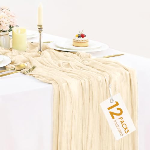 12 Packs Beige Cheesecloth Table Runner, Boho Gauze Cream Cheese Cloth Table Runner 10FT for Wedding Bridal Shower Baby Shower Birthday Farmhouse Home Decoration - color: Beige, size: 10ft x 12pcs