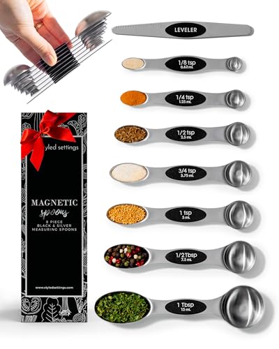 Stanless Steel Magnetic Measuring Spoons Set with Leveler - 8-Piece Heavy Duty Metal, Dual Sided, Stackable, BPA Free, Stainless Steel Measuring Spoons for Dry & Liquid Ingredient - Fits in Spice Jars - color: Black & Silver