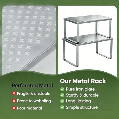 Simple Trending Cabinet Organizer Shelf, Set of 2 Kitchen Counter Shelves, Kitchen Storage, Stackable, Expandable, Metal Spice Rack for Cupboard, Bathroom, Desk, Pantry, Silver - color: Silver