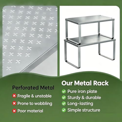 Simple Trending Cabinet Organizer Shelf, Set of 2 Kitchen Counter Shelves, Kitchen Storage, Stackable, Expandable, Metal Spice Rack for Cupboard, Bathroom, Desk, Pantry, Silver - color: Silver