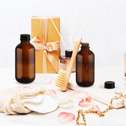 4 Pcs 120ml/4oz Amber Glass Bottles Boston Round Bottle Empty Sample Container with Black Cap for Essential Oil Perfume Liquid