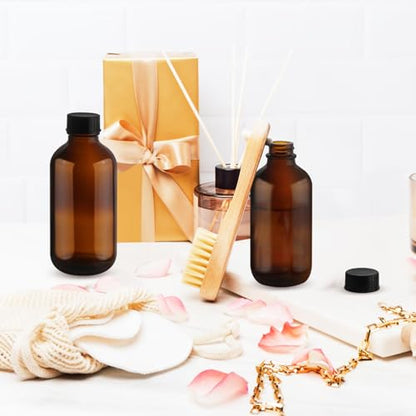 4 Pcs 120ml/4oz Amber Glass Bottles Boston Round Bottle Empty Sample Container with Black Cap for Essential Oil Perfume Liquid
