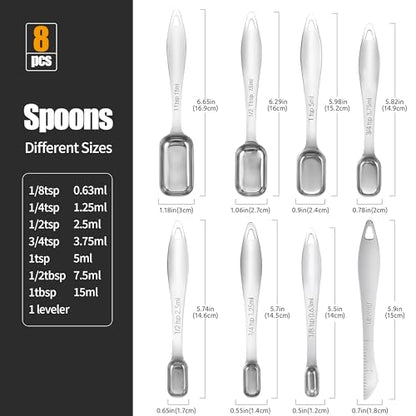18/8 Stainless Steel Measuring Spoons: Doosu Heavy Duty Rectangular Spoon Square Teaspoon Tablespoon Scoop with Slim Long Handle in Narrow Spice Jar for Kitchen Baking Cooking (Set of 8 with Leveler) - size: Set of 8 with Leveler