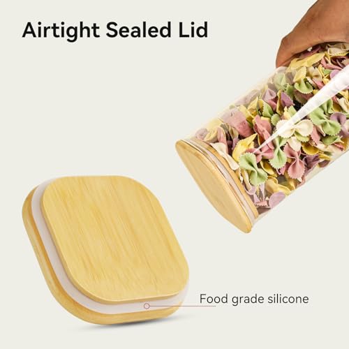 Glass Spaghetti Pasta Storage Container - 5 Pack Airtight Food Storage Jar Set with Bamboo Lid Labels - Square Kitchen Pantry Canister Organizers for Cookies Candy Coffee Bean Sugar Tea Spice Flour - size: 82oz*1/48oz*2/24oz*2